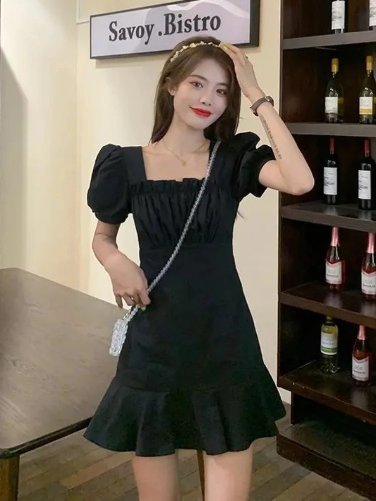 Women Dresses Sweet Girls Graceful Ruched Summer Slim Abdomen Vintage Korean Style Short Sleeve Temperament Prevalent College