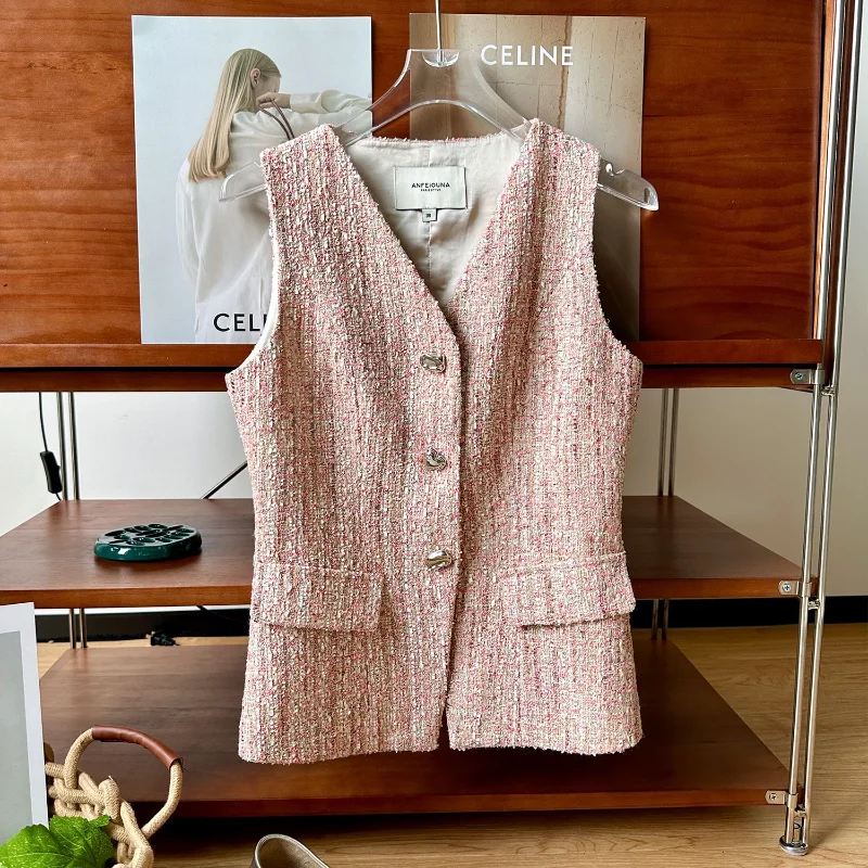 French Small Fragrance Pink Tweed Sleeveless Coat Women Slim V-neck Casual High Quality Korean Chic Vest Female