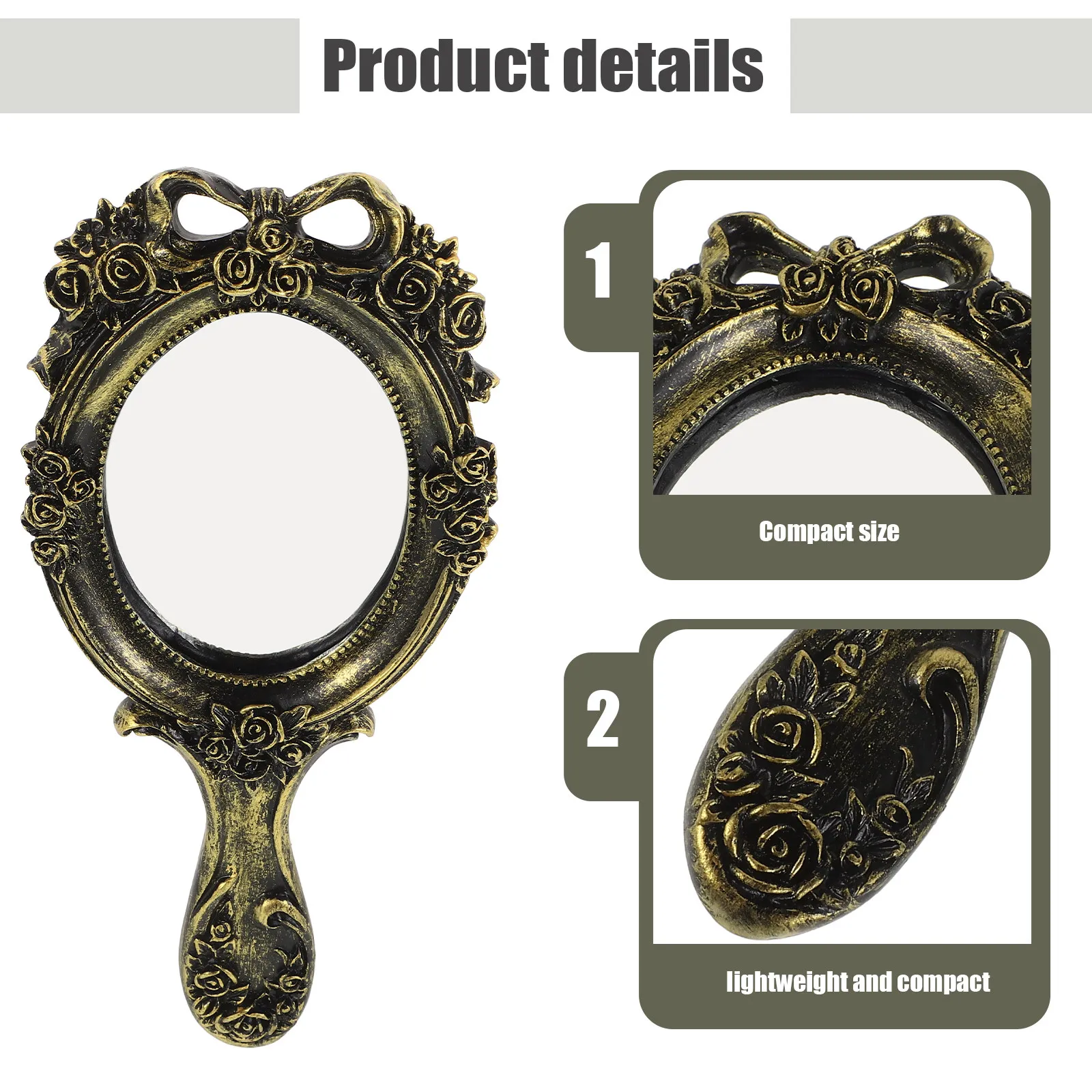 Portable Vintage Handheld Mirror Embossed Resin Baroque Pattern Cute Compact Makeup Mirror for Women Travel