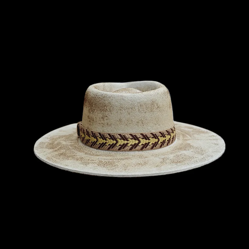 Jazz Hat, Distressed Style Wool Hat, Outdoor Multi-Color Ribbon Decorated Wool Felt Hat