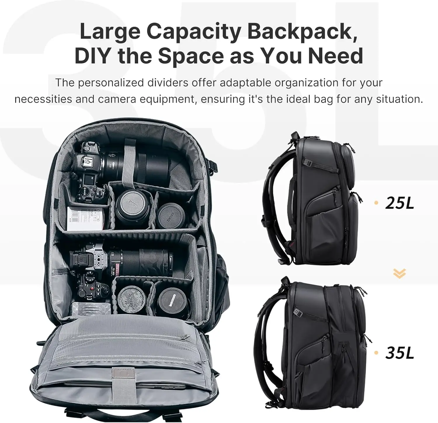 BP10 35L Hardshell Camera Backpack, Professional Waterproof Photography Camera Case Anti Theft Travel for Photographers Unisex D