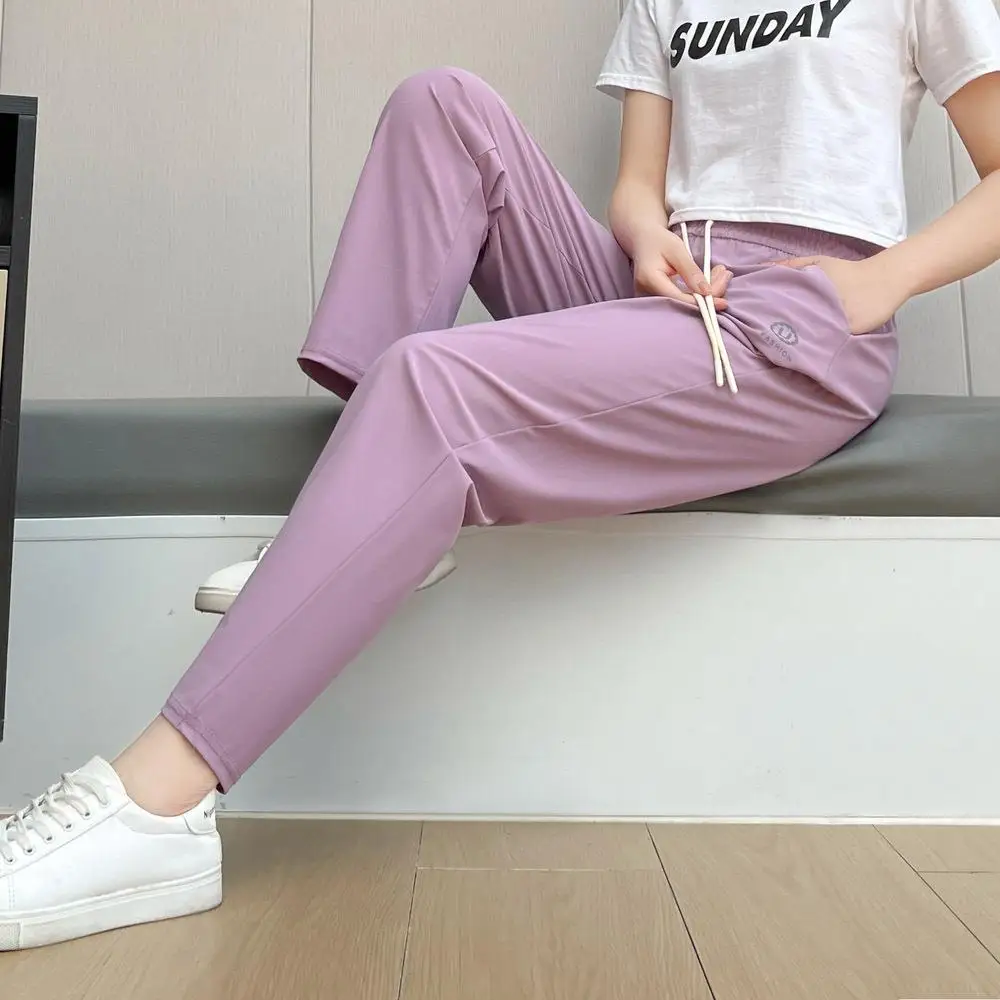  Summer New Qui Dry Ice Silk Casual Women's Pants Elastic High Waist Loose Fit Basic Sle Polyester Fiber High Waist