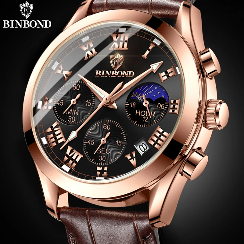 BINBOND-Relógios masculinos de couro, relógios de negócios, cronógrafo luminoso, 30m impermeável, Top Brand, moda, luxo, B0077