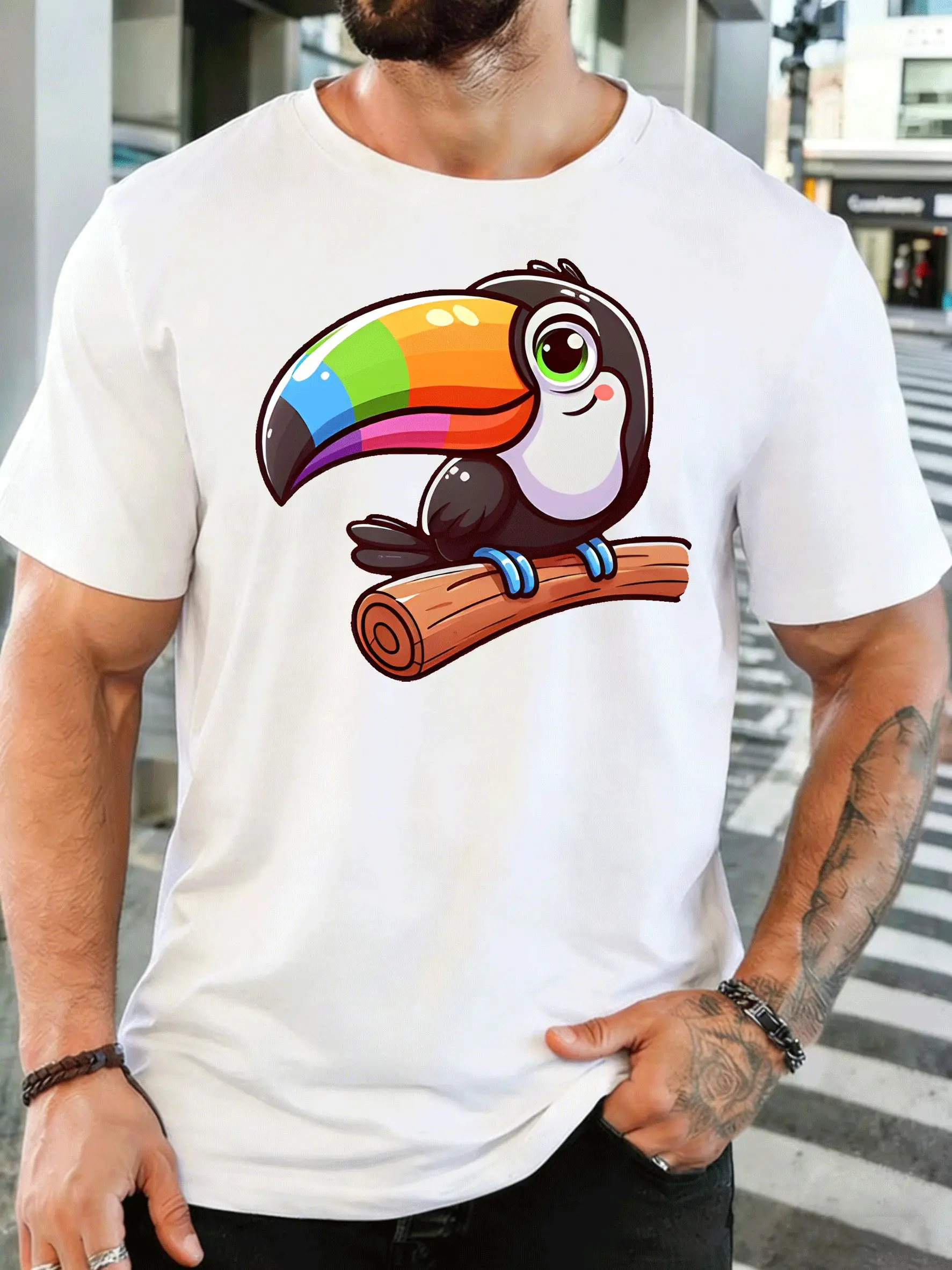 Colorful Toucan Bird On Branch Mens Front Print T Shirt Cartoon Animal Graphic Tee Casual Short Sleeve Top Nature Lover Gift