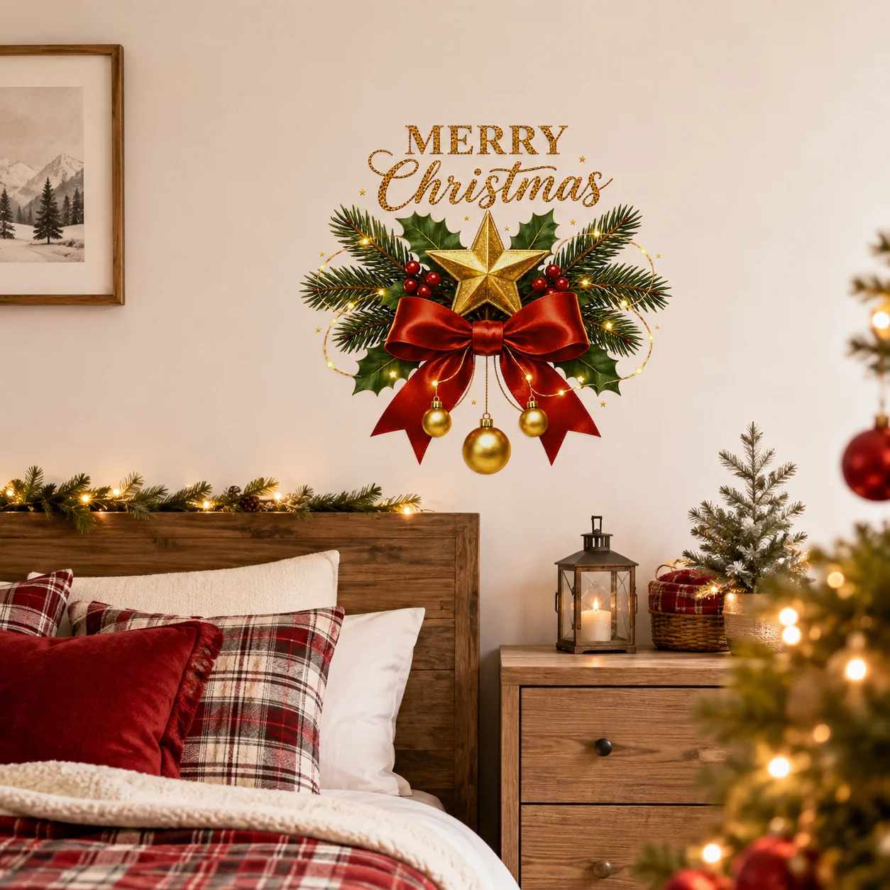Merry Christmas Wall Decals Xmas Star Red Bow Holly Berry Ornaments Winter Holiday Wall Sticker Kitchen Home Decor
