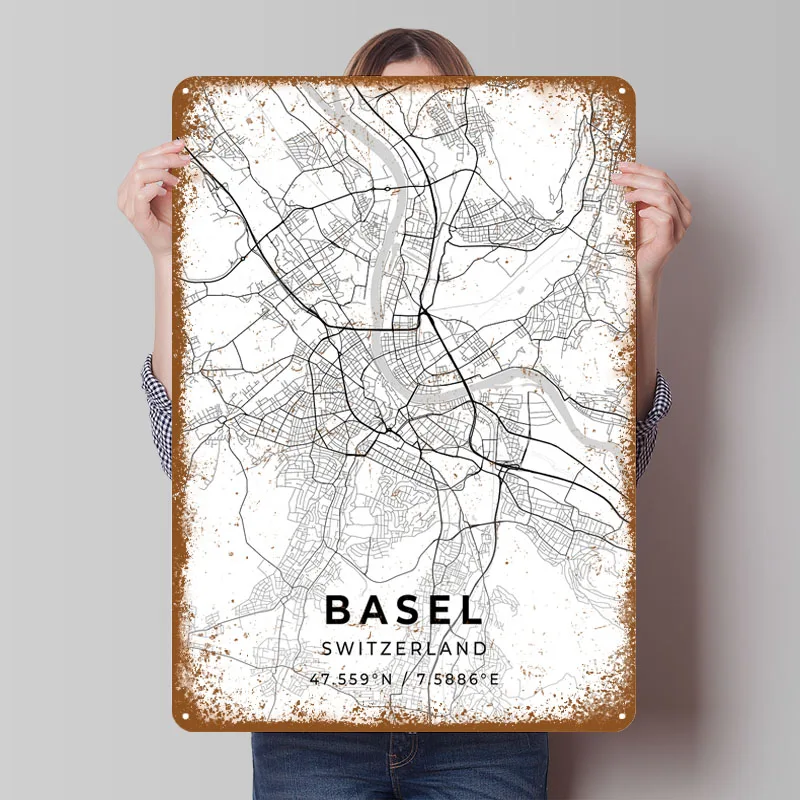 Basel Switzerland Metal Signs Map Poster Garden Decorations for Gardens Custom Tinplate Sign for Wall Art Decoration Gaming Deko