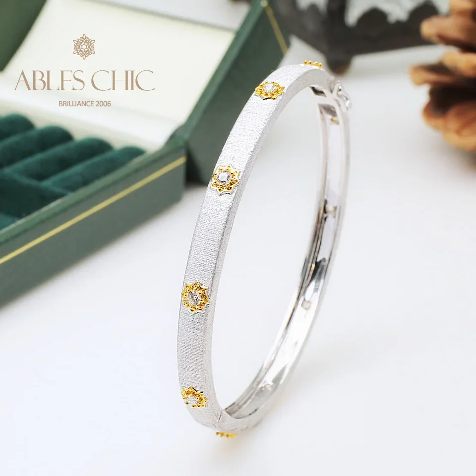 ABLES CHIC Bezel Set Zircon Flowers Stars Hinge Bangle Brushed Silver Silky Gold Tone 5mm Narrow Band Clasp Vintage Bracelet