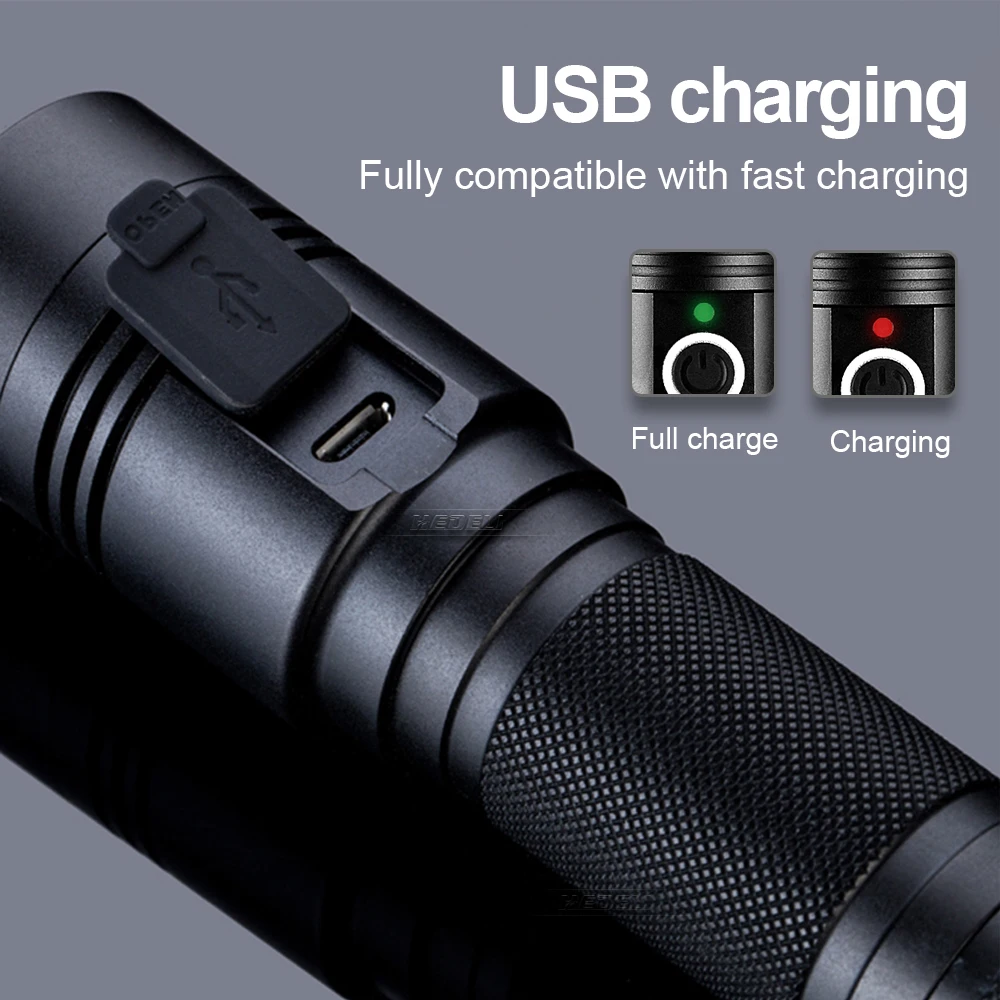 Super Bright USB High Power Rechargeable LED Flashlight XHP50 LED Zoom Torch Portable Lantern 4 Modes Home Outdoor Hand Lamp