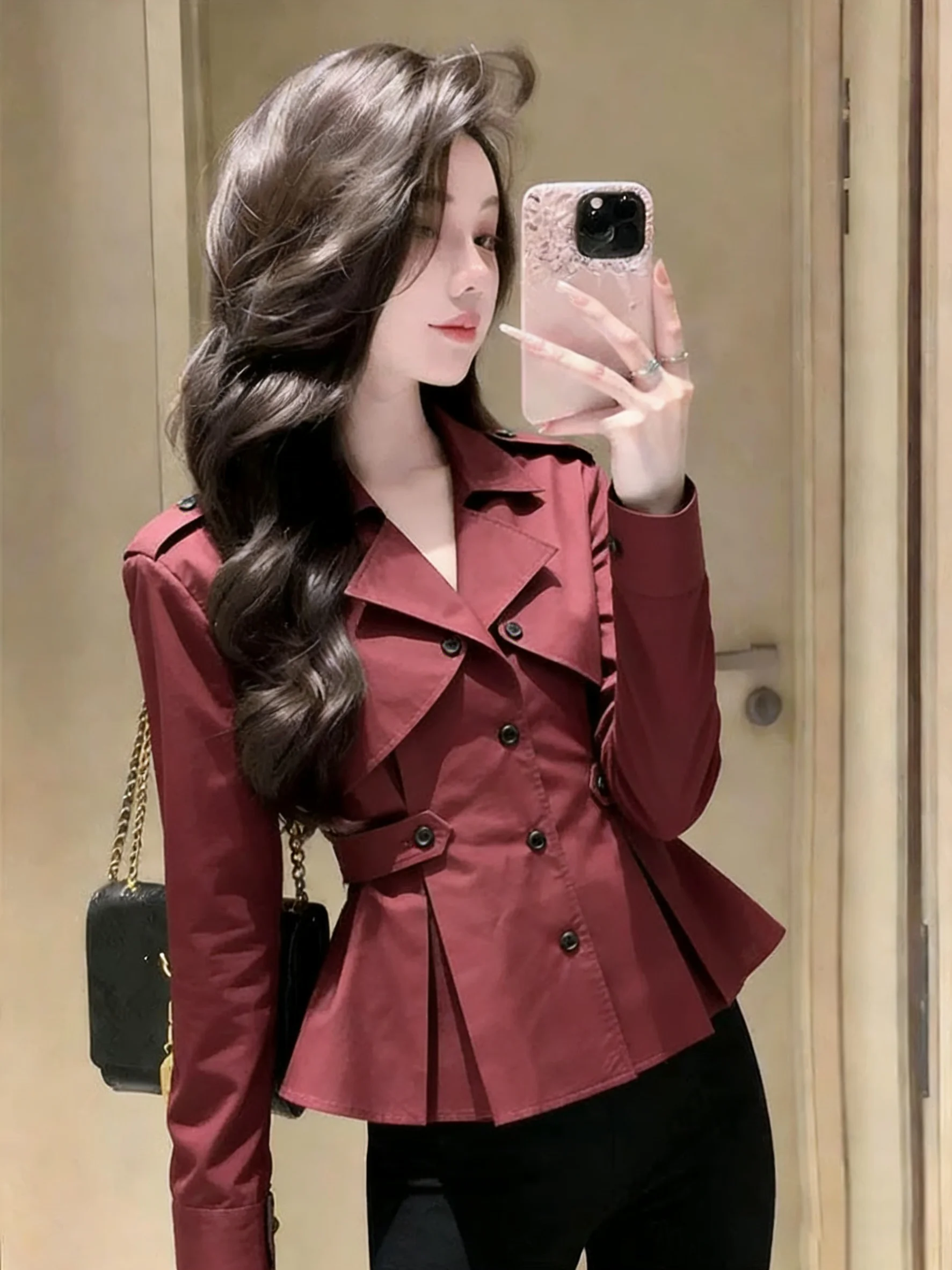 

Early Spring 2026 Women's Wine Red Suit Collar Long Sve irt Slim Fit Tummy Covering European Sle Top Commute Sle Loo...