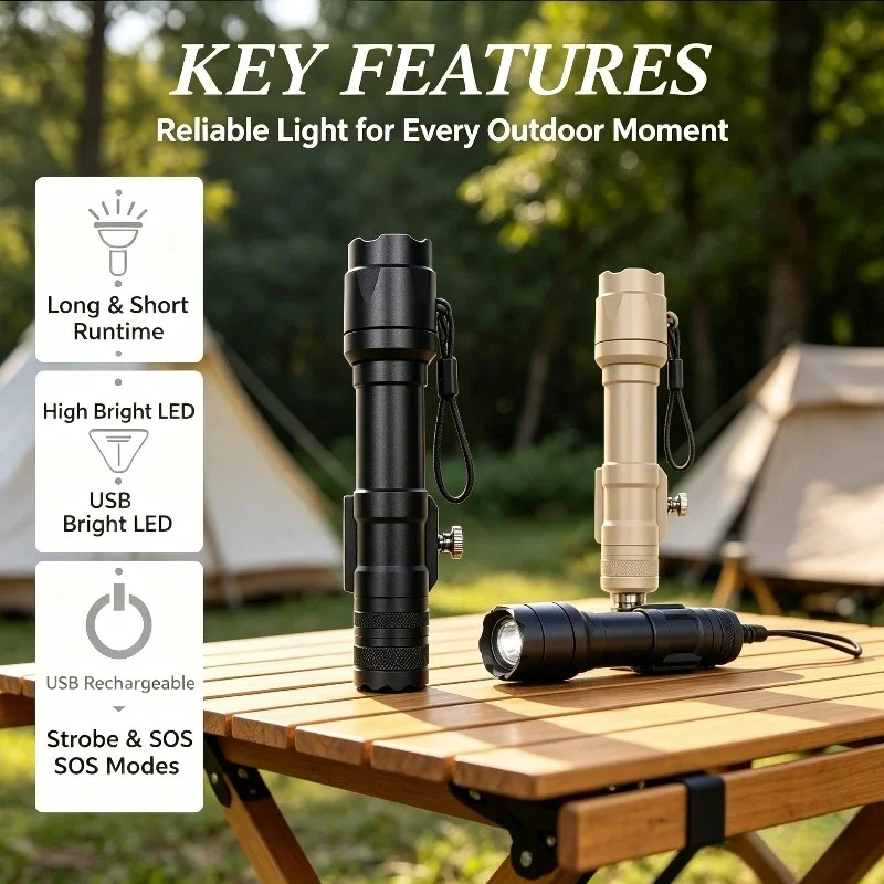 Alloy LED Flashlight Pack Long&Short, Powerful Bright, Strobe & SOS, USB Rechargeable, Outdoor Camping Lamp