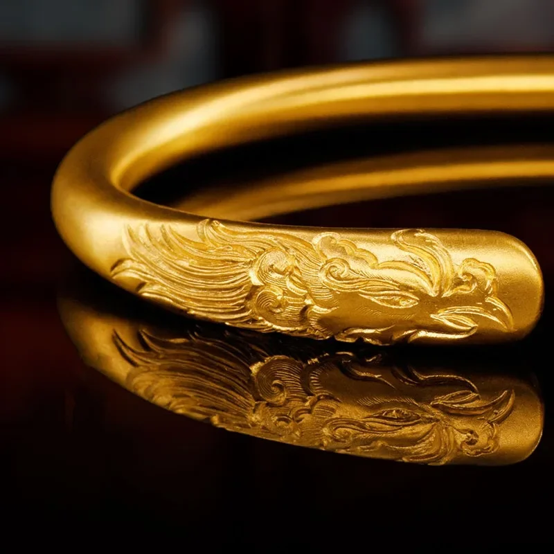 9999 real gold 24K yellow gold Longyue Fengming Ancient Method Engraved Bracelet Longfeng Jixiang Ladies Bracelet