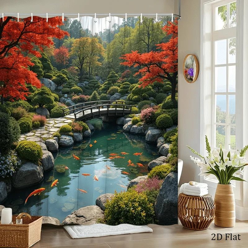 Waterproof Shower Curtain Japanese Garden Nature Scene Fall Foliage Pond Mural Waterproof Luxury Bathroom Decor Curtain Art