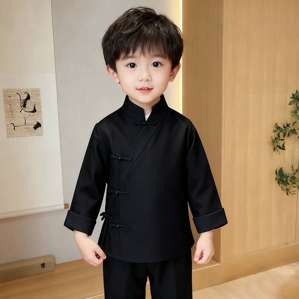 

Elegant Black Boy Clothes Chinese Style 2 Piece Jacket Pants Sets Single Breasted Stand Lapel Formal Baby Clothing Costume Suits