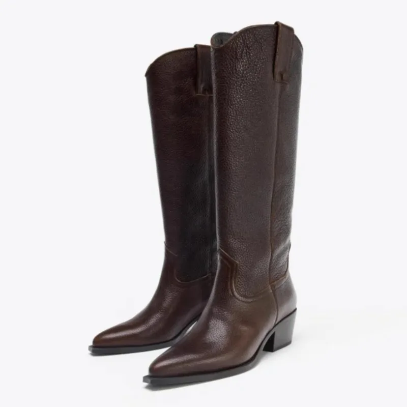 

2025 Mid Heel Women Long Boots Western Cowboy Retro Style Pointed Toe Slip on Brand Design Leather Ladies Knight Shoes