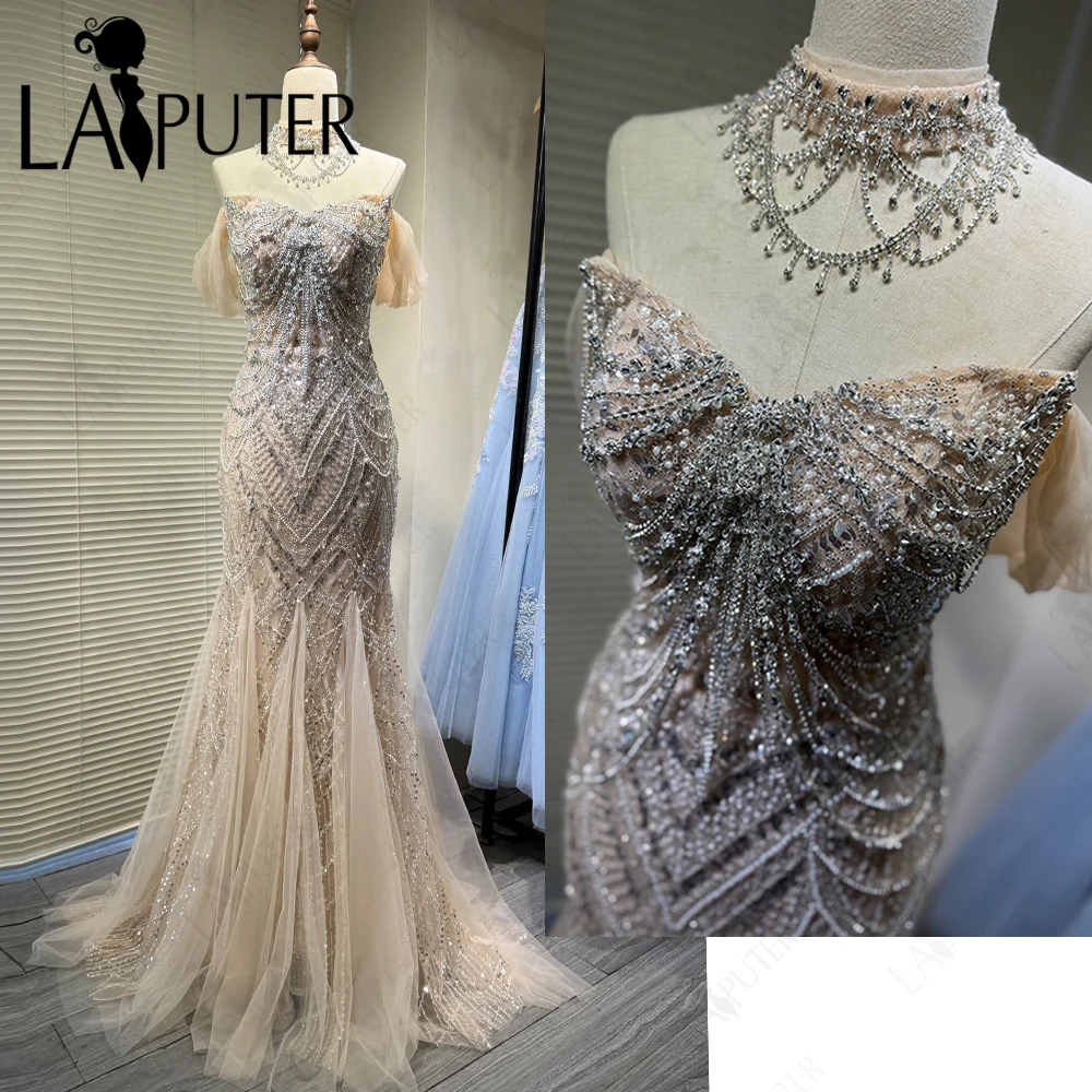 Luksusowe złote suknie wieczorowe w stylu syreny, zdobione kryształkami, z odkrytymi ramionami, sukienka na studniówkę, tiulowa spódnica, złota suknia formalna w stylu gwiazd, kolekcja 2026