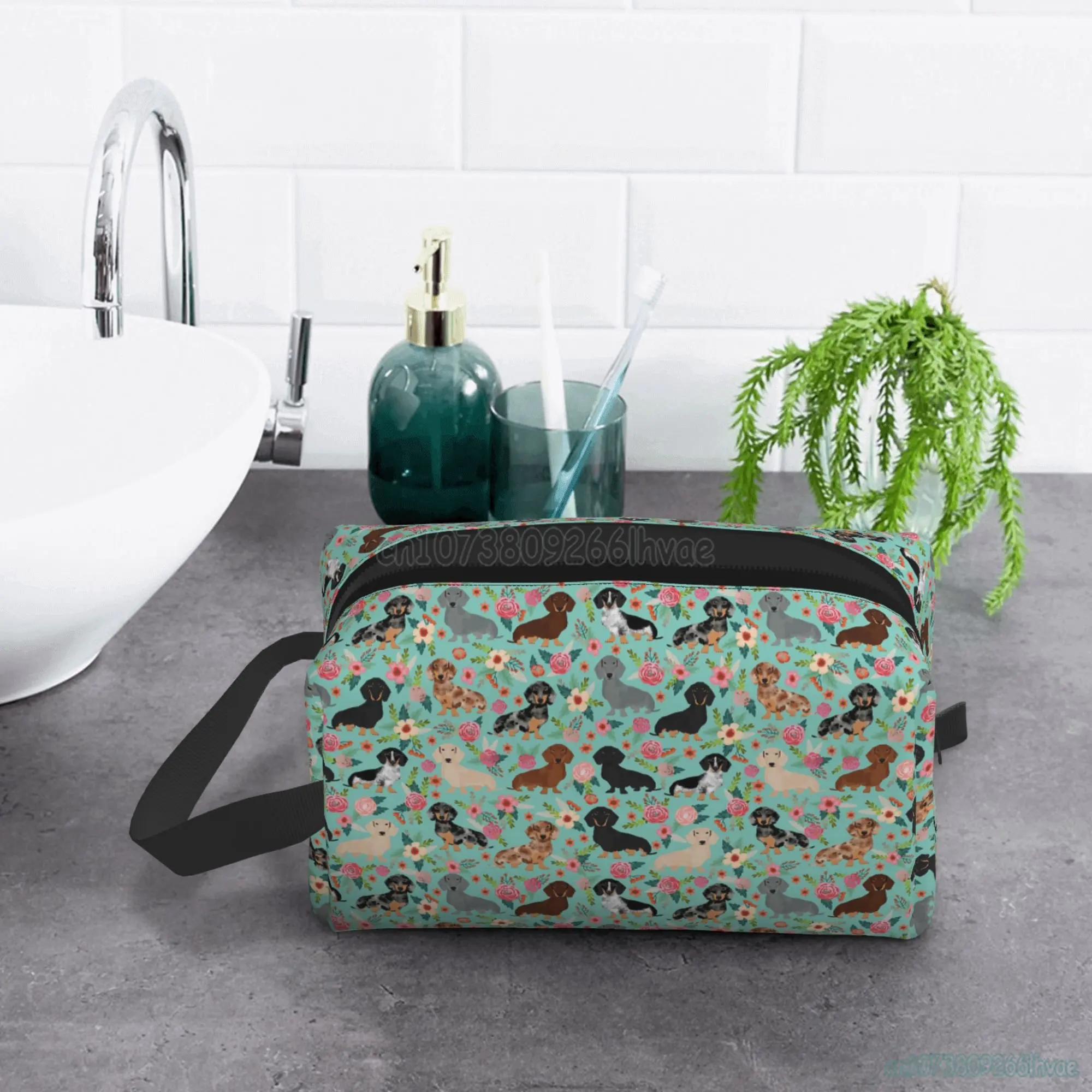 Trousse à cosmétiques en teckels floraux pour femmes, grandes poudres de maquillage, accessoires de toilette imperméables, évaluation pour femmes et filles