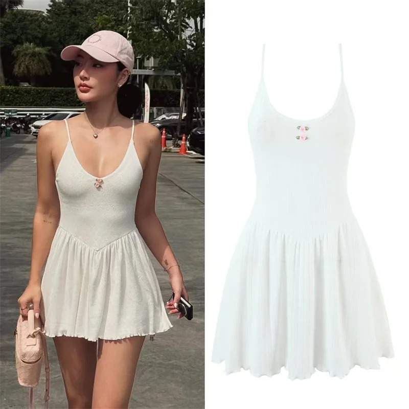 レディースドレス 2025 冬新作 ホワイト ストラップ レトロ 小花飾り セクシー Vネック ミニドレス 可愛い おしゃれ