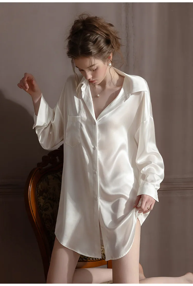 Winsleter-Women Sexy Long Sleeve Nightgown, Lapel Pocket Patchwork, Boyfriend Style Soft Loose Pajamas, 2026 Autumn New P68837CC