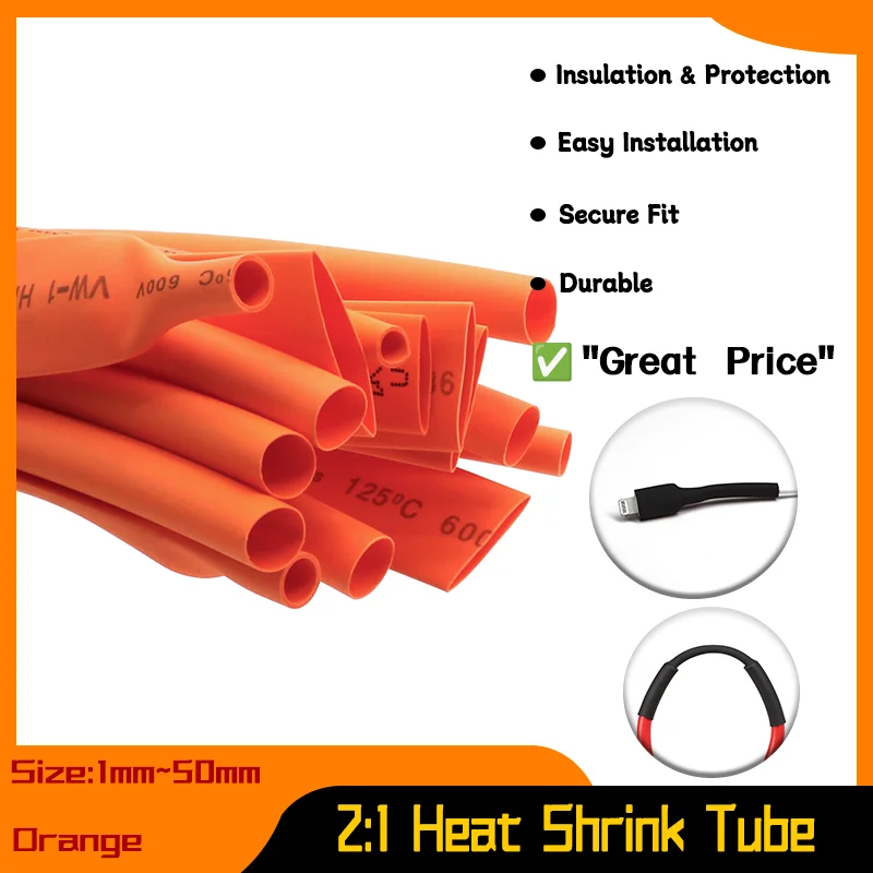 

Dia 1mm ~ 50mm Heat Shrink Tube DIY Cable Repair Polyolefin Protector Shrinkable Tubing Insulation Case Sleeve Wrap 2:1 Orange