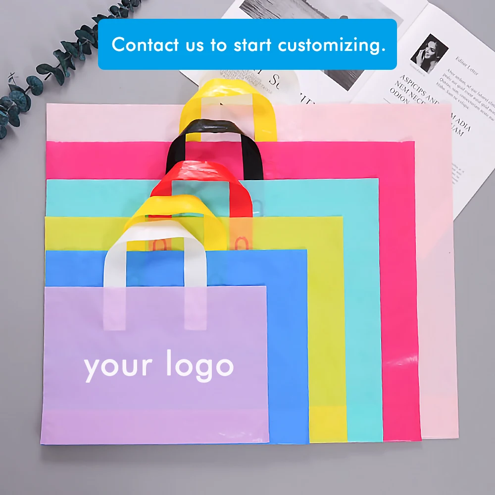 Sacs à provisions colorés avec logo personnalisé, sac cadeau en plastique avec poignée, impression d\'un document sur double face, impression