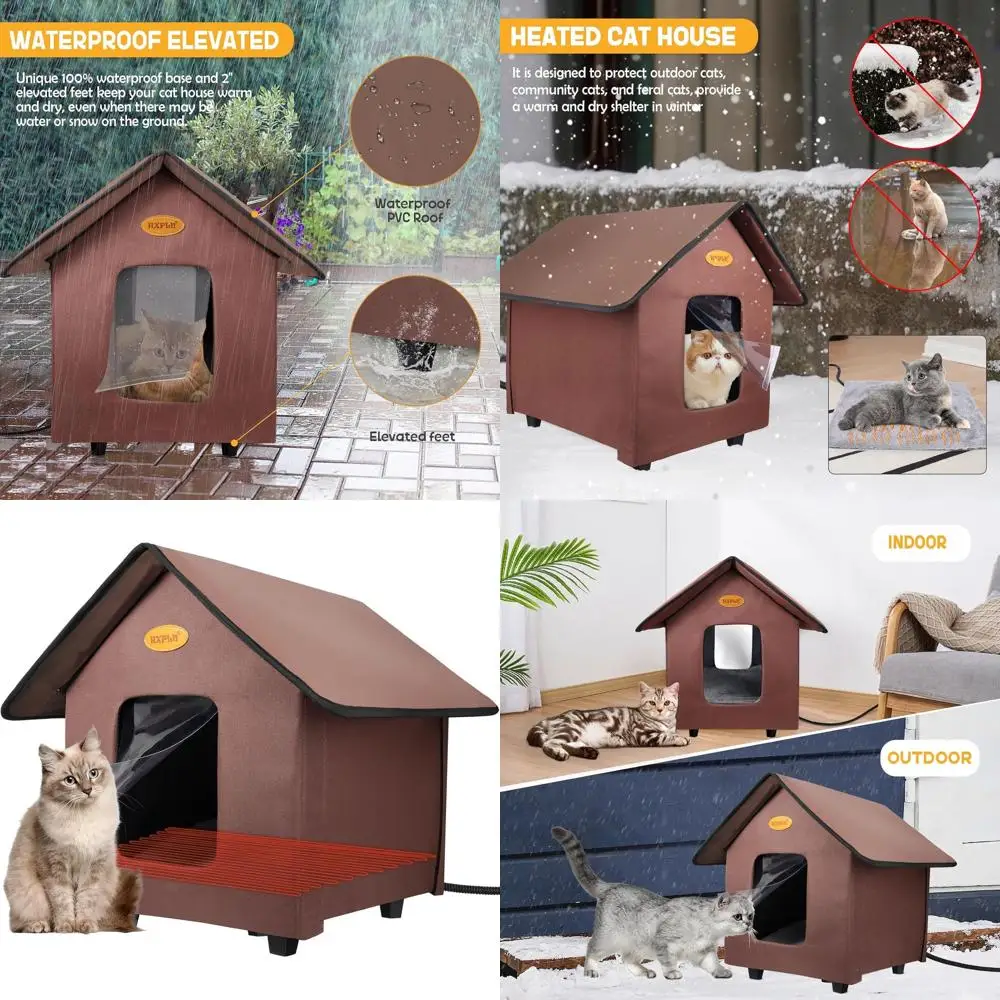 

Elevated Insulated Outdoor Cat Shelter with Heating for Winter - Weatherproof Feral Cat House in Brown