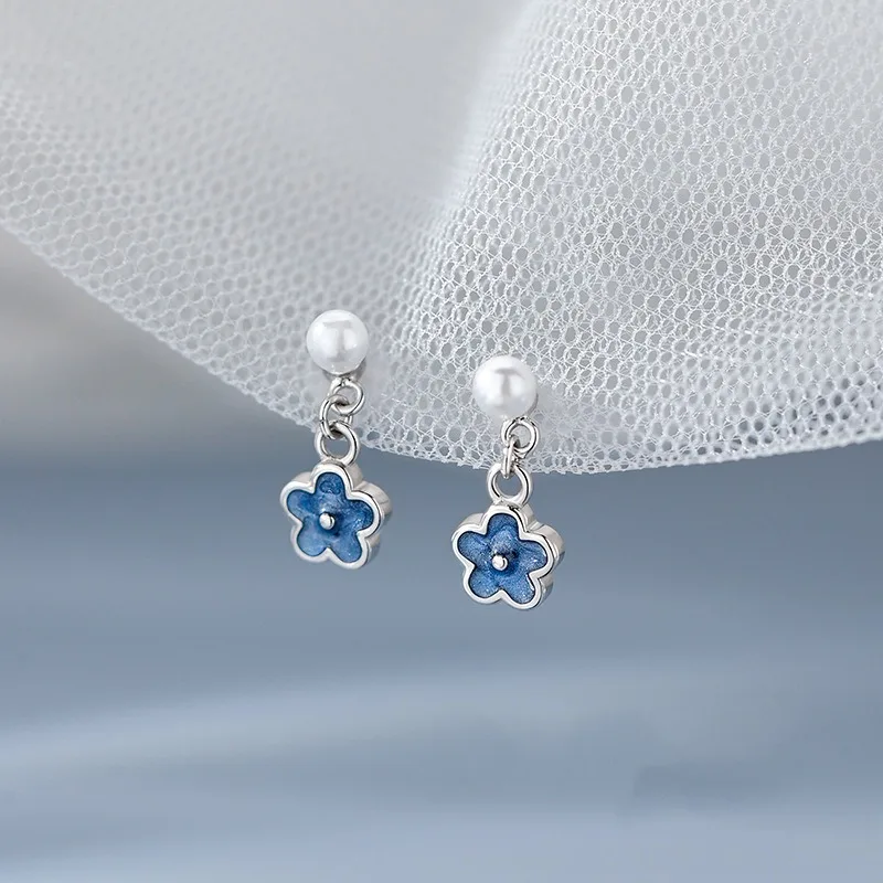 Mini Cute Sweet 925 Sterling Silver Pearl Blue Flower Gold Color Stud Earrings for Woman Korean Piercing Jewelry Accessory Gifts