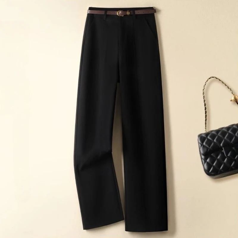 Pantaloni a gamba dritta da donna 2025 Primavera Nuovi pantaloni da donna drappeggiati sottili a vita alta Nero Grigio Pantaloni a gamba larga di fascia alta da donna