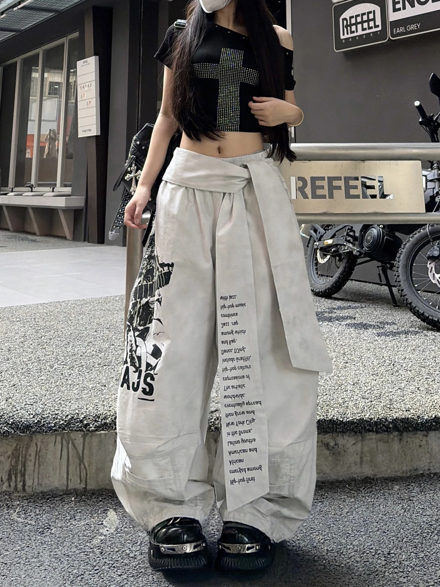 

Blue White Street Dance Y2K Printed Sports Wide Leg Pants Casual Cotton Jazz Hip Hop Loose Fit Women's Summer Fashion Trousers