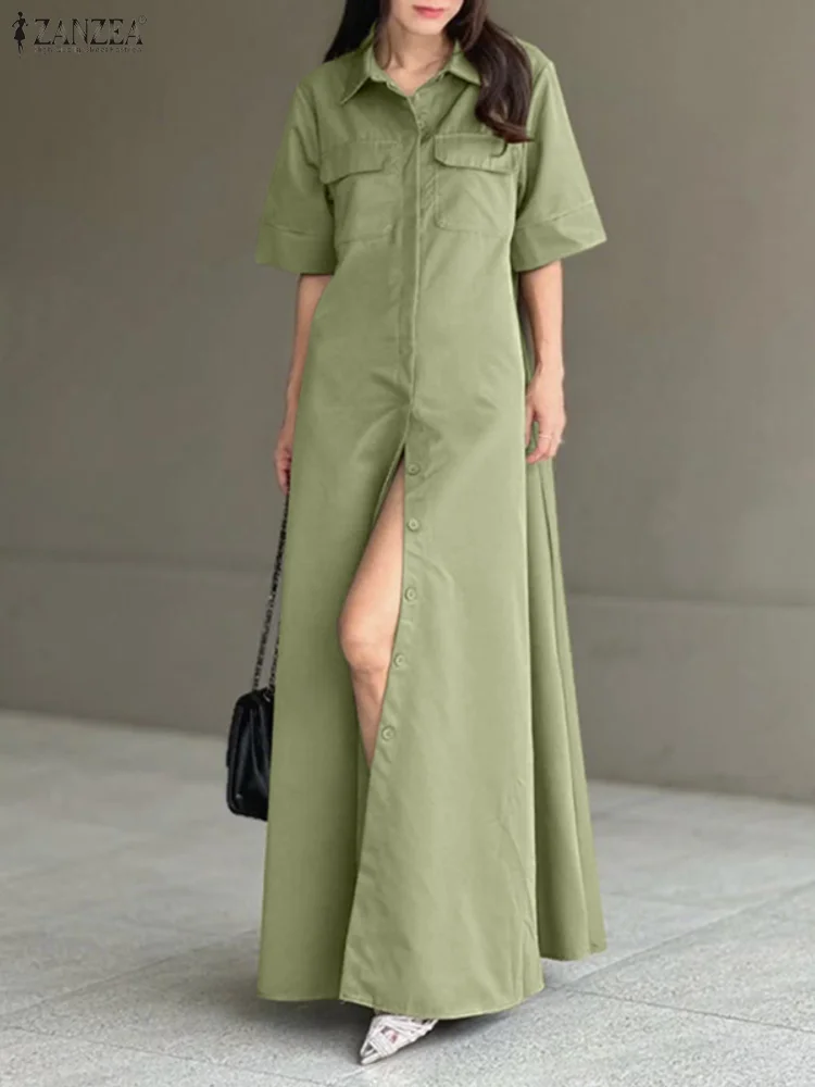 ZANZEA Women Fashion Long Shirt Dress Summer Half Sleeve Belted Streetwear Maxi Vestidos 2025 Elegant Buttons Casual Loose Robe