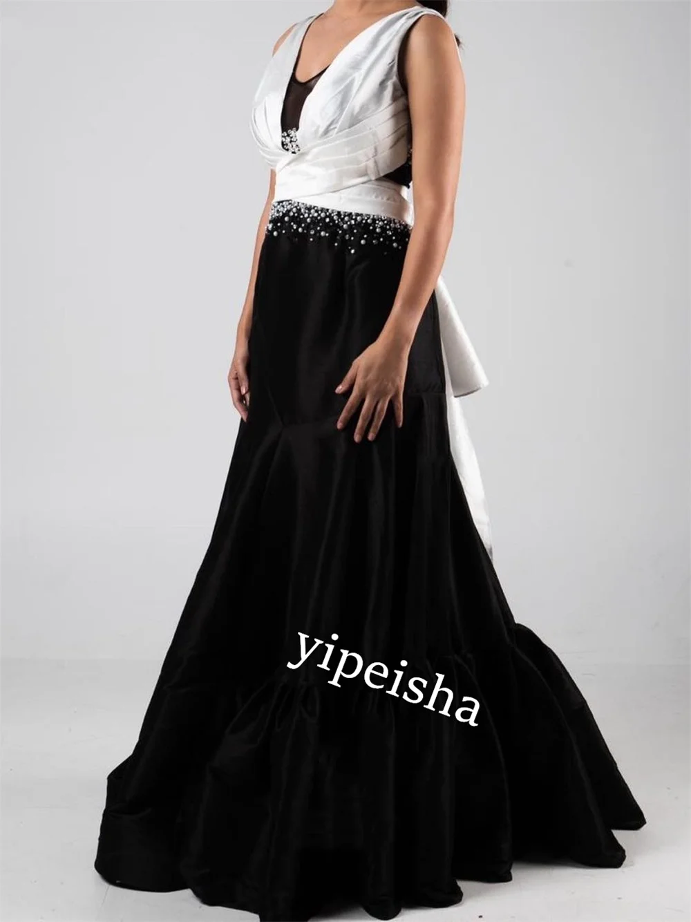  Evening    Jersey Bow Pearl Party A-line V-neck Bespoke Occasion Gown Long es Saudi Arabia