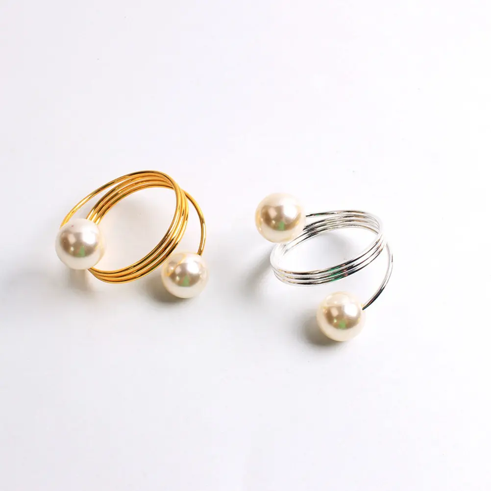 12Pcs Elegant Pearl Napkin Rings Silver Finish Napkin Ring Holders Serviette Buckles for Banquet Birthday Festival Reception