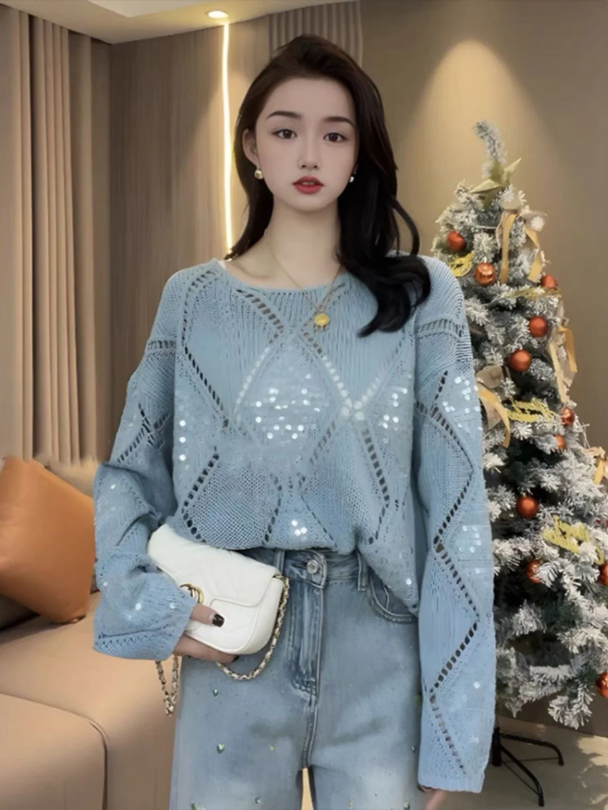 Sequin Hollow Out Knitted Sweater Women Diamond Loose Long Sleeve Top Sun Protection Sunscreen Air Conditioning Clothes