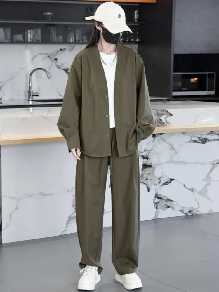 

Men's Spring Summer Faion Casual Set Simple Match Couple Open Cardigan Jaet Long Pants Two Piece Set Cotton Blend Fabric