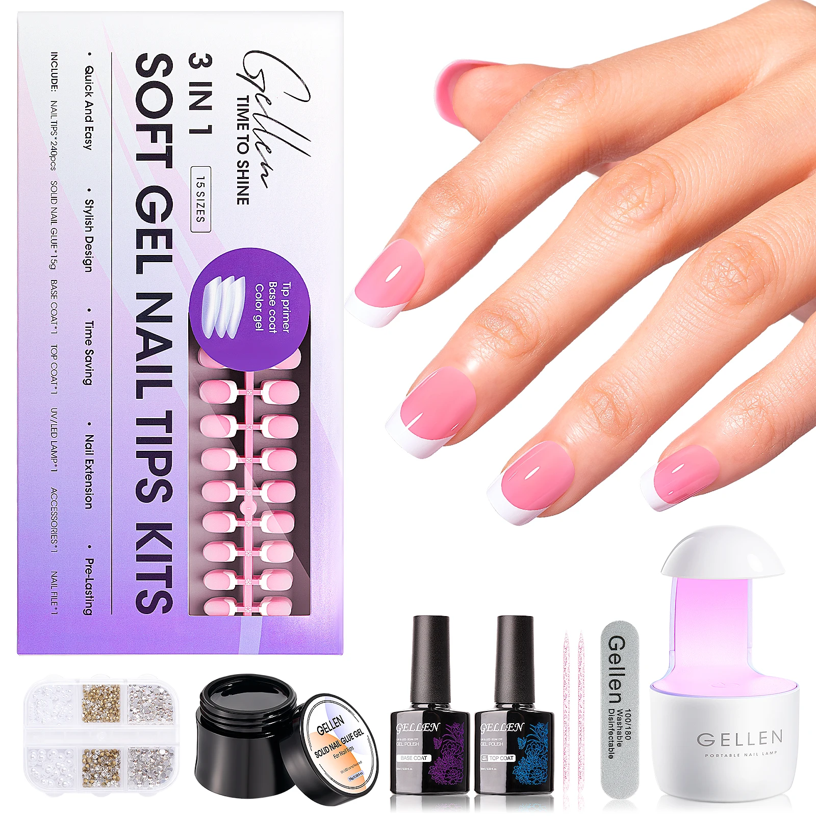 

Easy Apply Gel Nail Kit 15 Sizes Medium Coffin Shape French Tip Soft Gel Tips Press on Nails Glue UV Lamp Extension Beginners