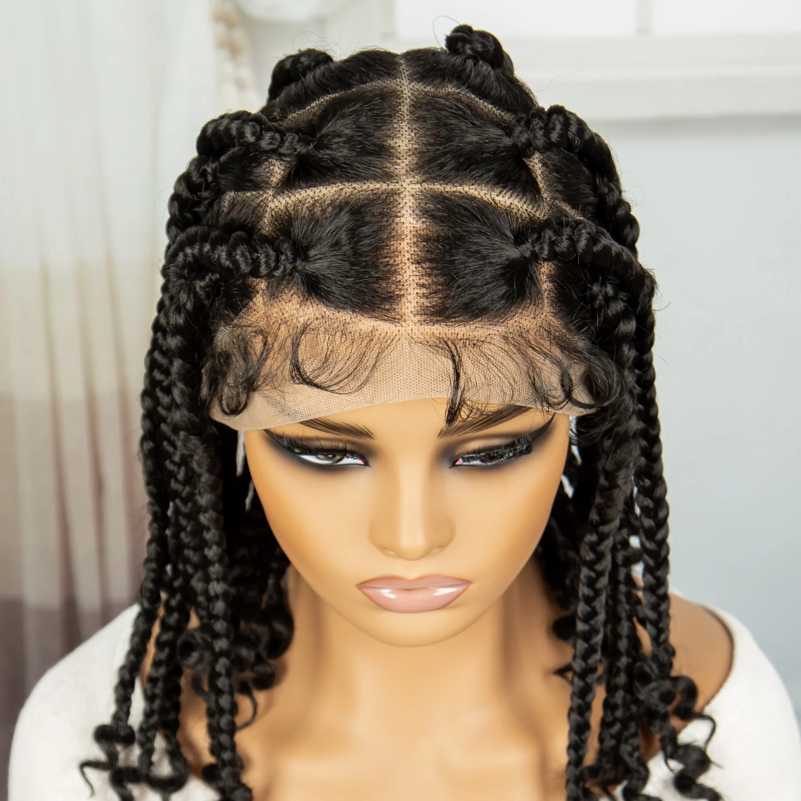 Pelucas trenzadas de encaje completo sintético para mujeres negras, caja sin nudos con extremos rizados, trenzas frontales de encaje, peluca con cabello de bebé, 14 Iinch