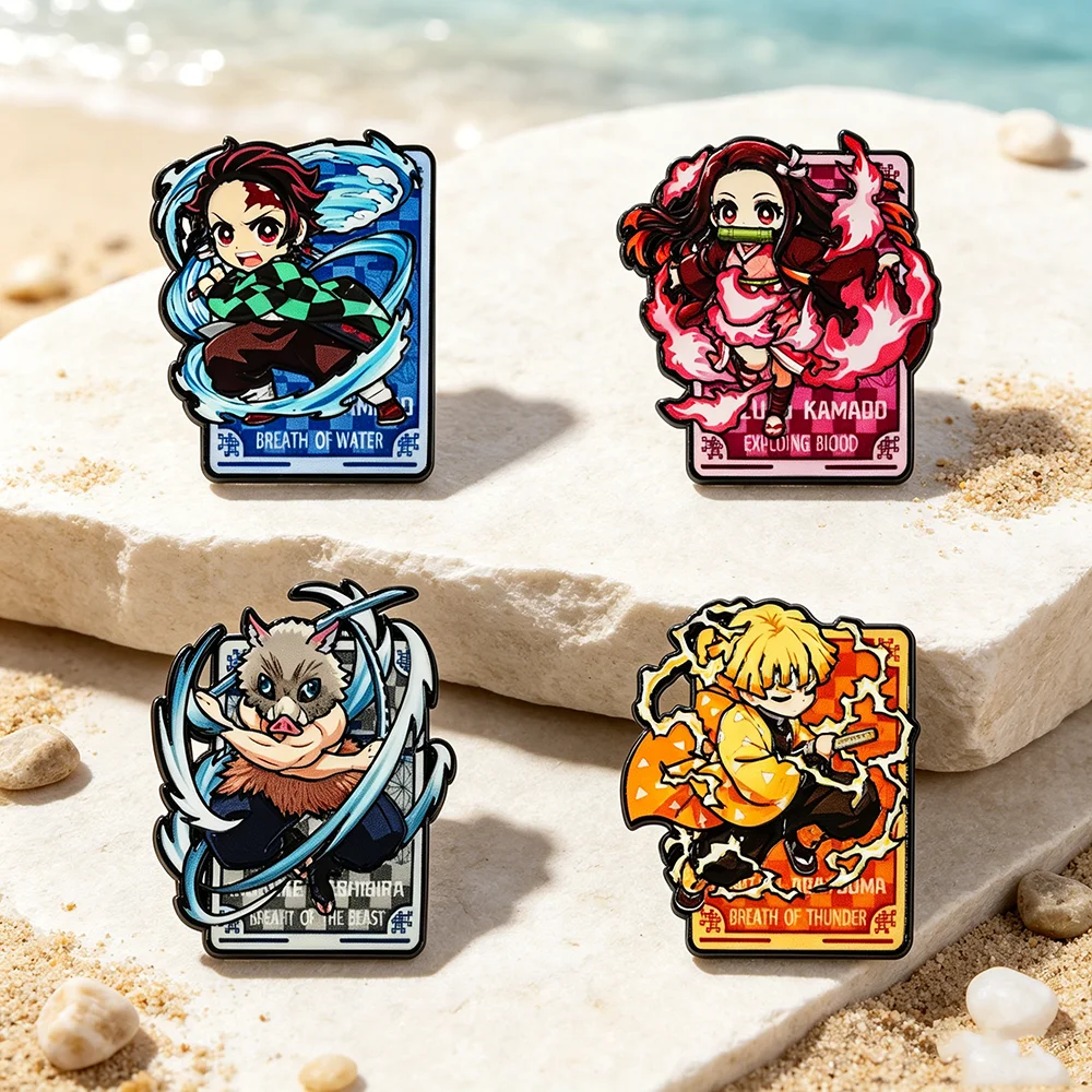 4pcs Demon Slayer Anime Enamel Pins Set, Tanjiro Nezuko Inosuke Zenitsu Cartoon Metal Brooches Cute Anime Character Lapel Pins - view 6