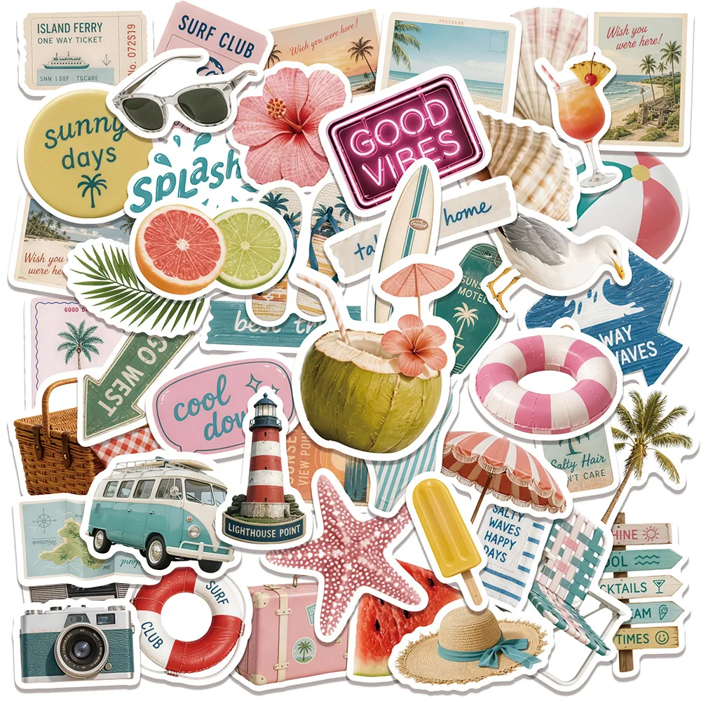50Pcs Summer Vacation Waterproof Graffiti Stickers Beach Aesthetic Decals for Laptop Phone Suitcase Water Bottle DIY Crafts