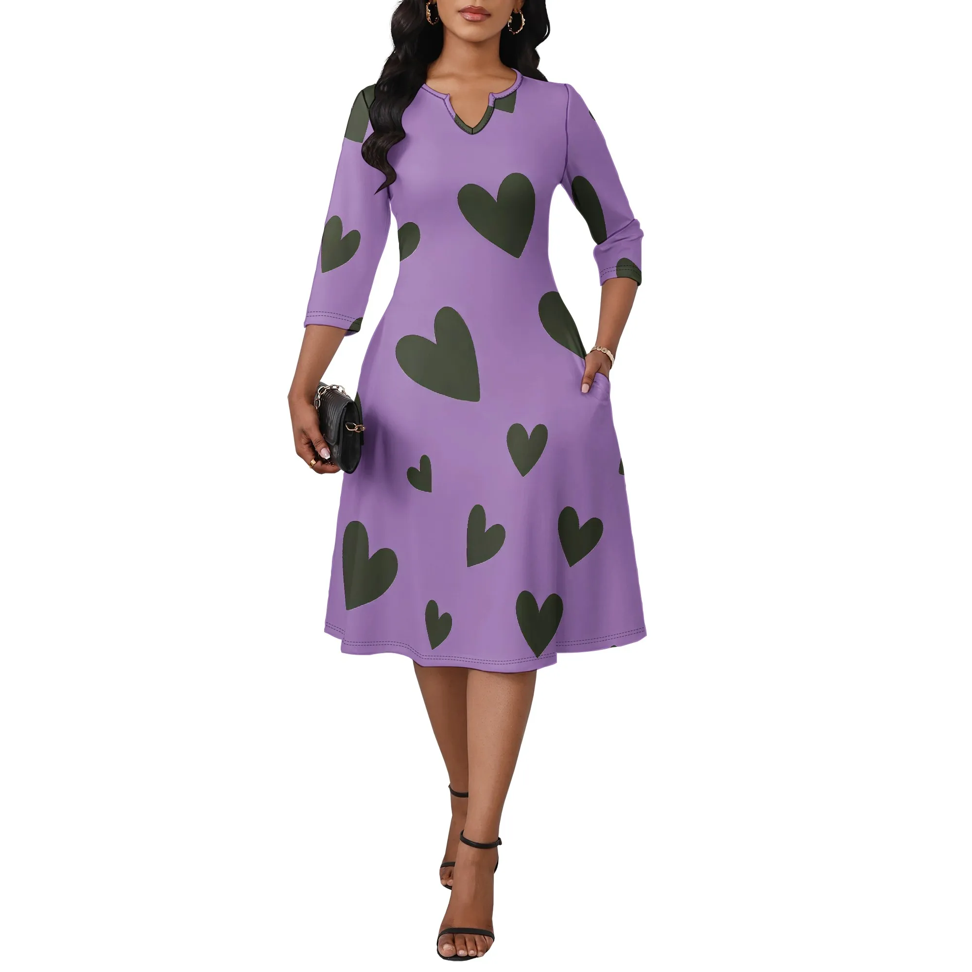 

Women's Casual Midi Dress A-Line Swing V-Neck 3/4 Sleeve Dresses Camouflage Cocktail Tea Wrap Flared Dresses with Pockets