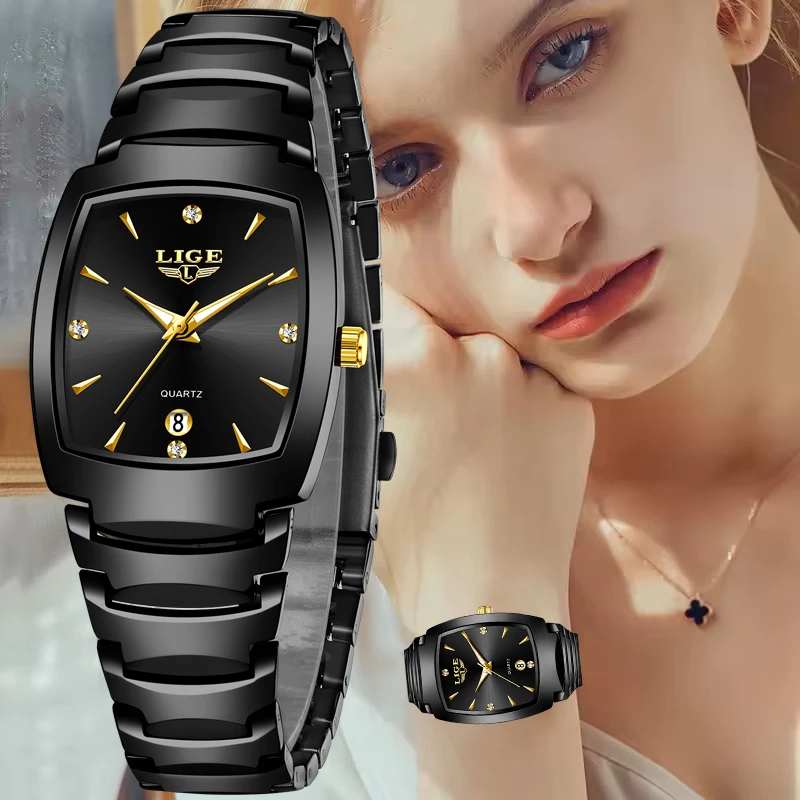 

LIGE Simple Women Watch Waterproof Luminous Watches For Women Black Square Stainless Steel Diamond Watch Femme Relogio Feminino