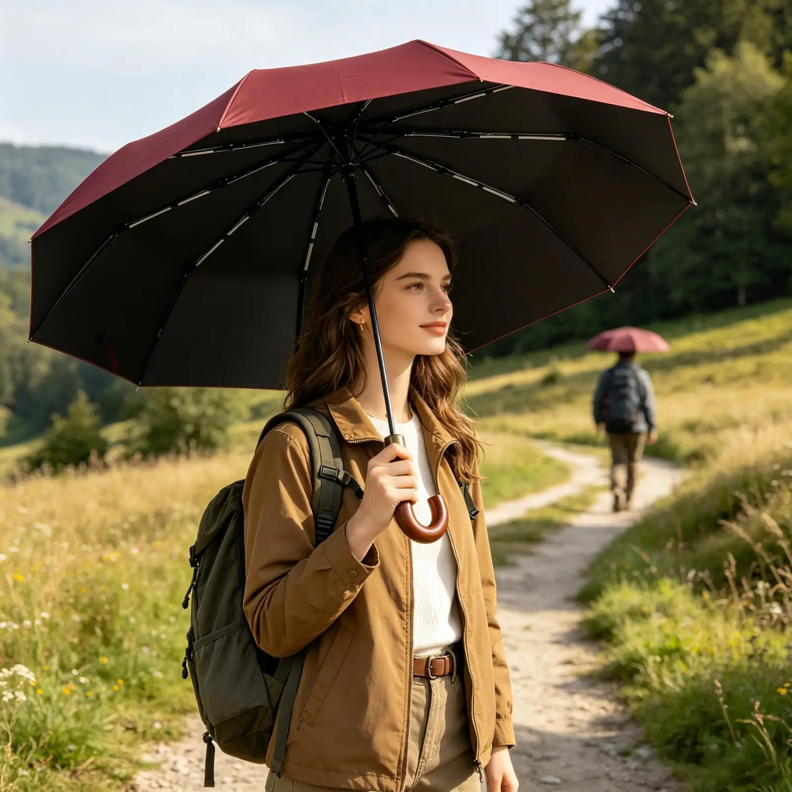 Automatic Umbrella With J-Shaped Handle Foldable Travel Umbrella For Women Men Travelers Students Tourists Daily Commute