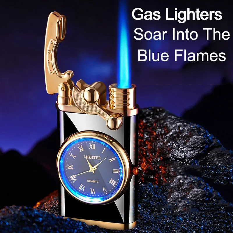 

New Windproof Watch Gas Lighter Metal Rocker Arm Ignition Jet Butane Inflation Cigar Lighters Cigarette Accessories Men's Gift