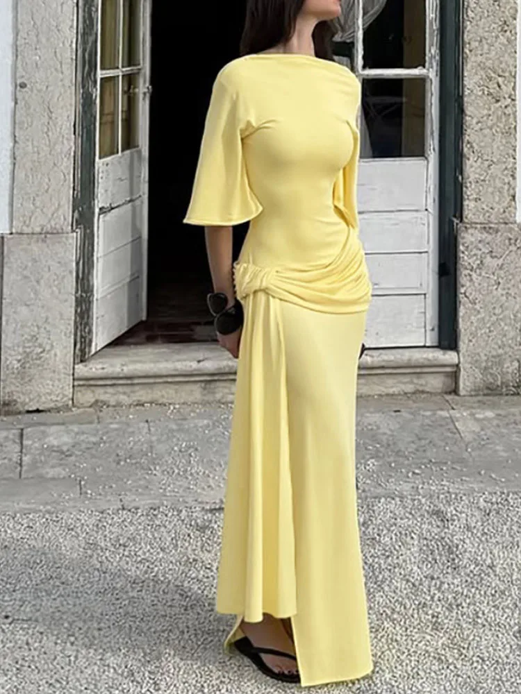 Vestido de fita longa decorativa em camadas sem costas elegante para mulheres