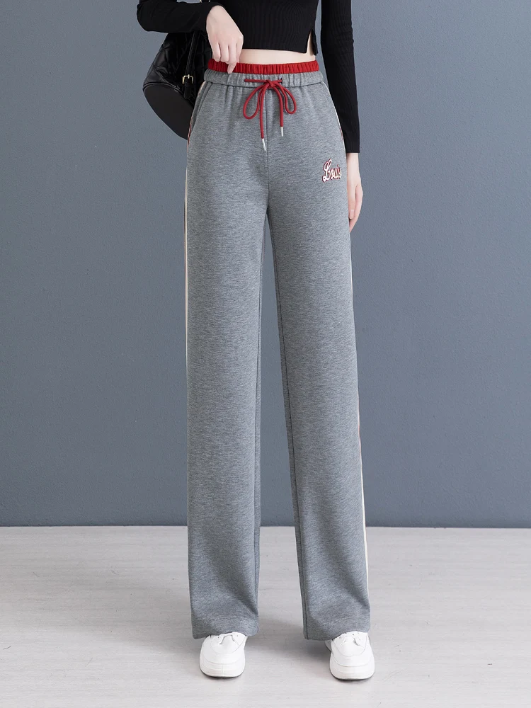 

Серые флисовые брюки с высокой талией и широкими штанинами, повседневные прямые спортивные брюки для женщин, весна-осень-зима, новый стиль, свободный крой