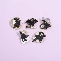 Crows Wearing Wizard Hats Enamel Pins Punk Moon Ghost Bottle Gothic Skull Animal Brooch Lapel Badges Jewelry Gift Wholesale
