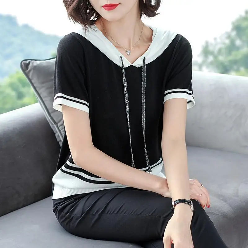 Women\'s Summer New Hooded Pullover Knitted Shirt Fashion Sweet T-shirt Contrast Spliced Versatile Casual Thin Short Sleeved Tops