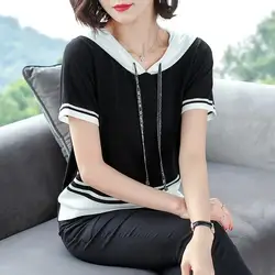 Women's Summer New Hooded Pullover Knitted Shirt Fashion Sweet T-shirt Contrast Spliced Versatile Casual Thin Short Sleeved Tops