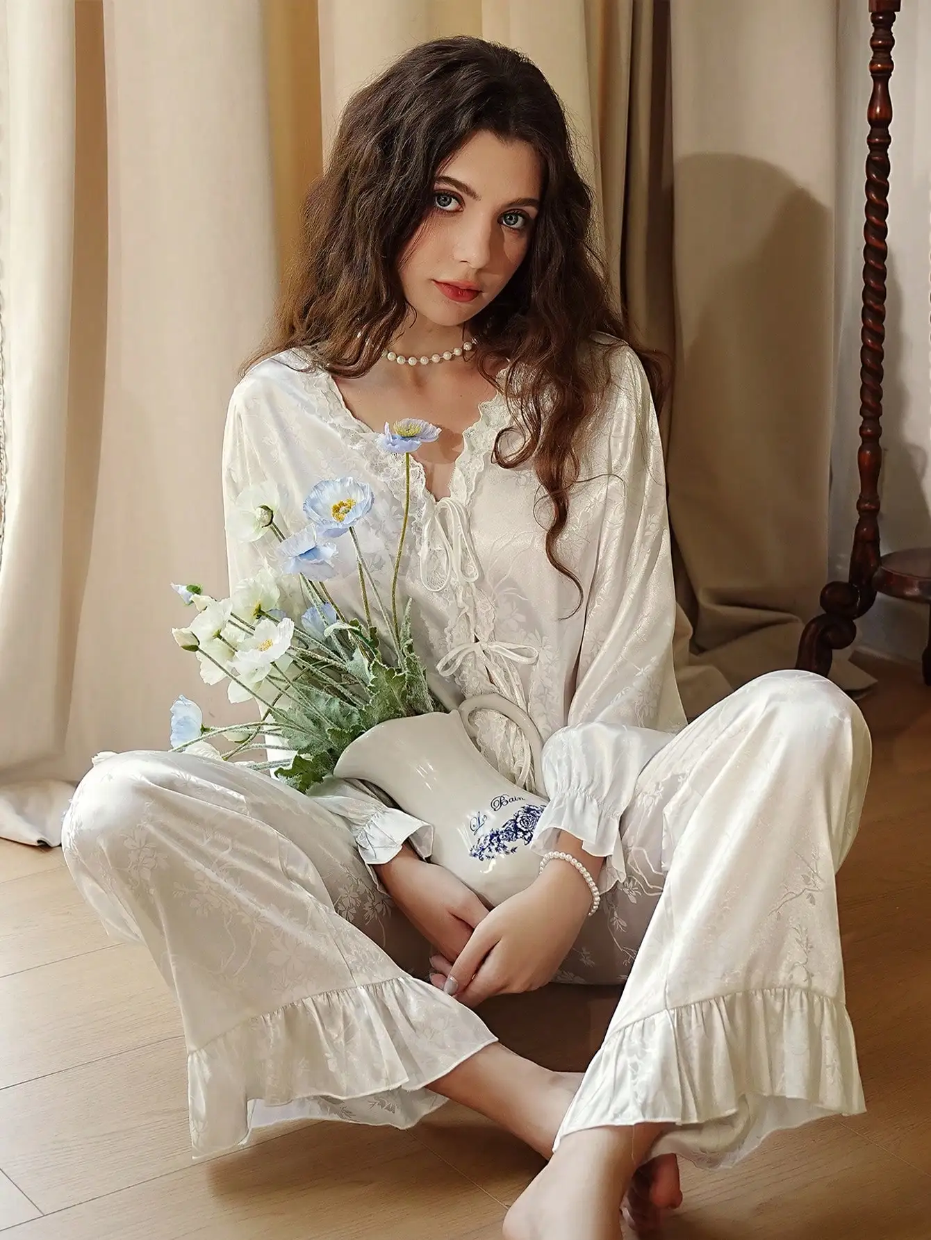 

Côtesoire French Romantic Satin Jacquard Women Pajama Set, Autumn Holiday Season, Fall Clothes