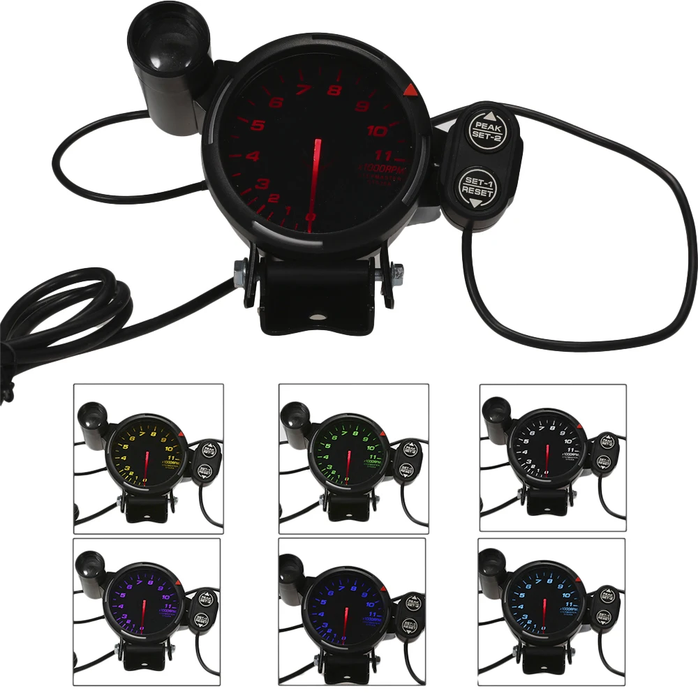 3.5Inch Diameter Car Tachometer RPM Gauge Super Bright LED Background Light 0-11000 RPM with 7 Colors Backlight