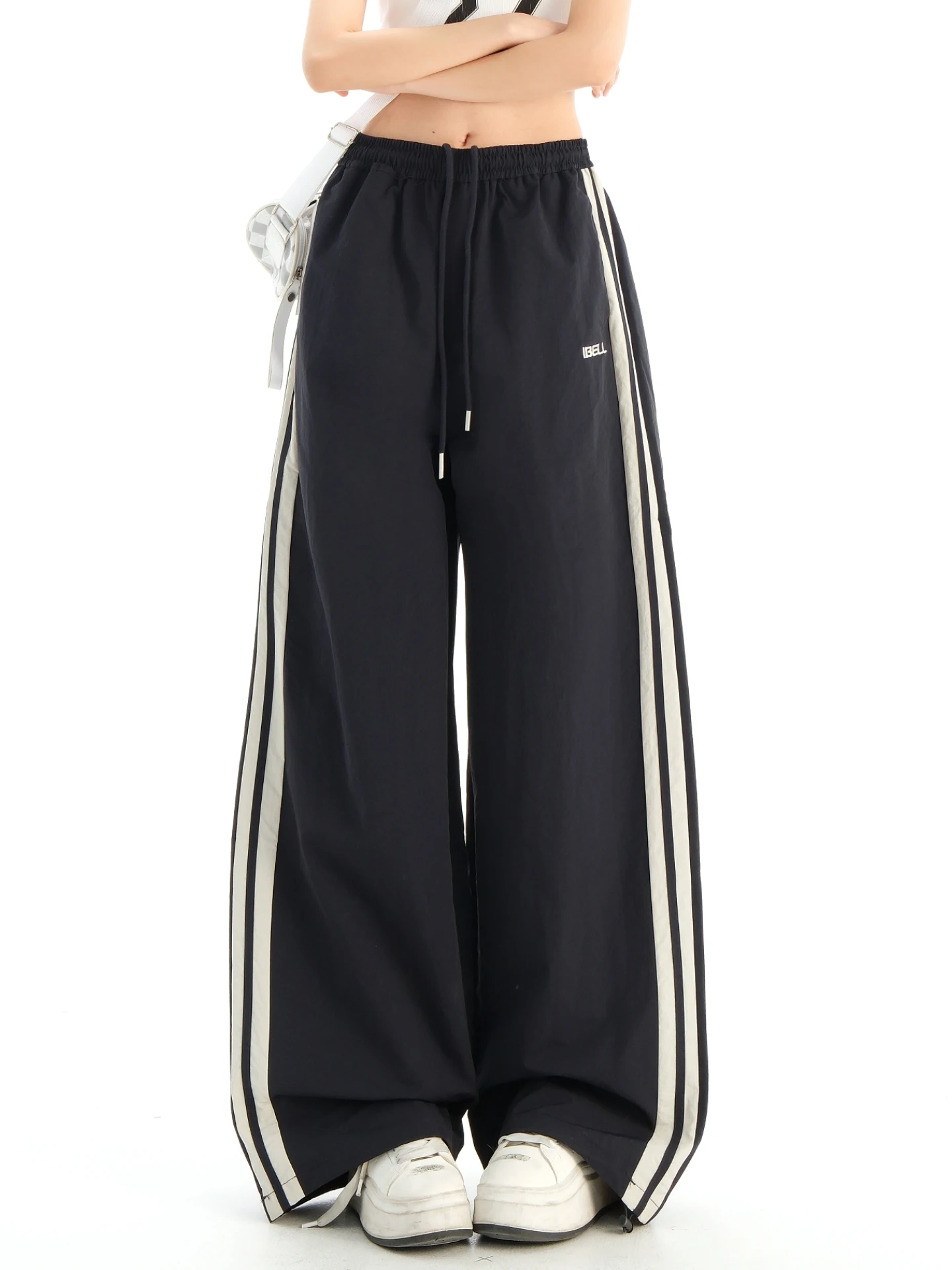 

2025 Новые корейские свободные танцевальные повседневные брюки, женские брюки с двойной перекладиной, цветной дизайн, темно-сухие широкие брюки с высокой талией