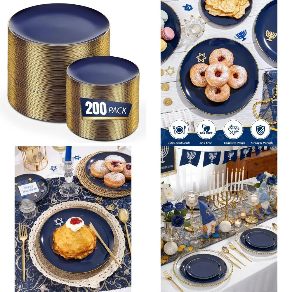 

100 Navy Blue 10 Dinner & 7 Dessert Plates with Gold Rims - 200 Pack Disposable for Parties & Hanukkah